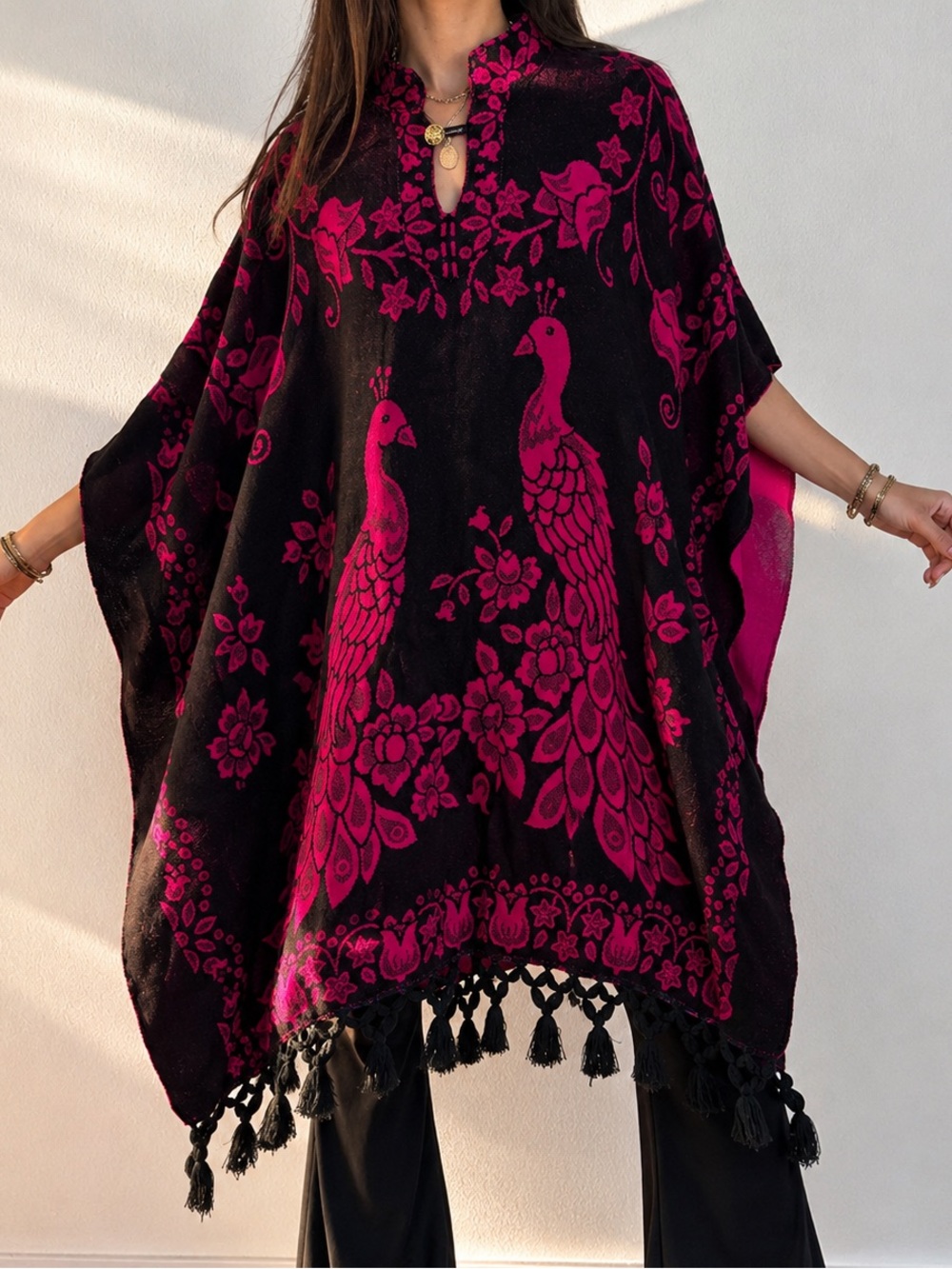 Vintage Peacock Tassel Caftan Poncho Black Pink Boho Kimono Cape OS